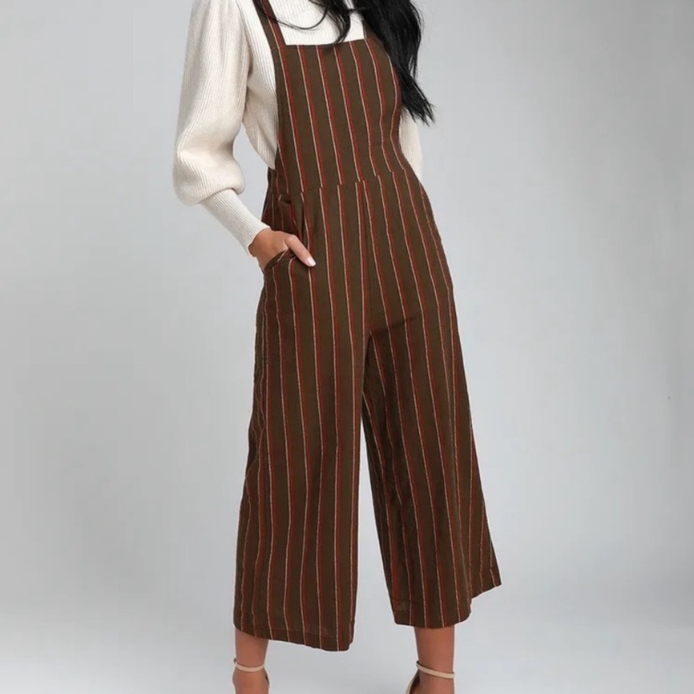 Lulu's Watson Olive Green Striped Cropped Wide-Leg Overalls Xsmall New With Tags